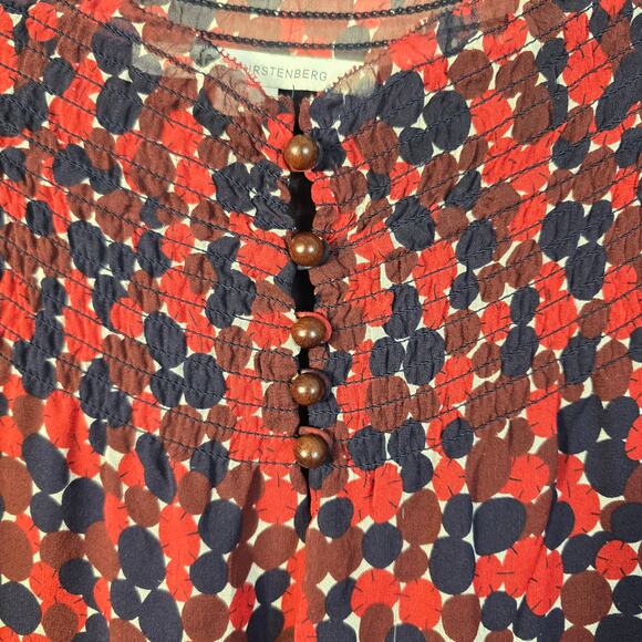 Diane Von Furstenberg Aleni Blouse Women's 4 Red Navy Rust Silk Circle Print - Picture 4 of 12